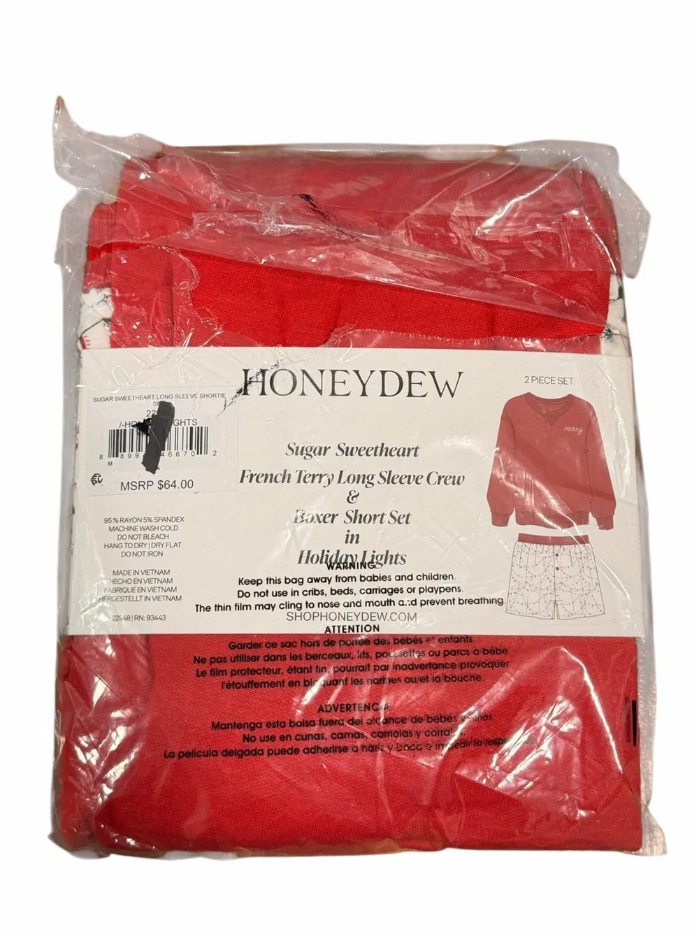 Honeydew Intimates Red Sugar Sweetheart Long Sleeve Boxers Shorts PJ Set NWT